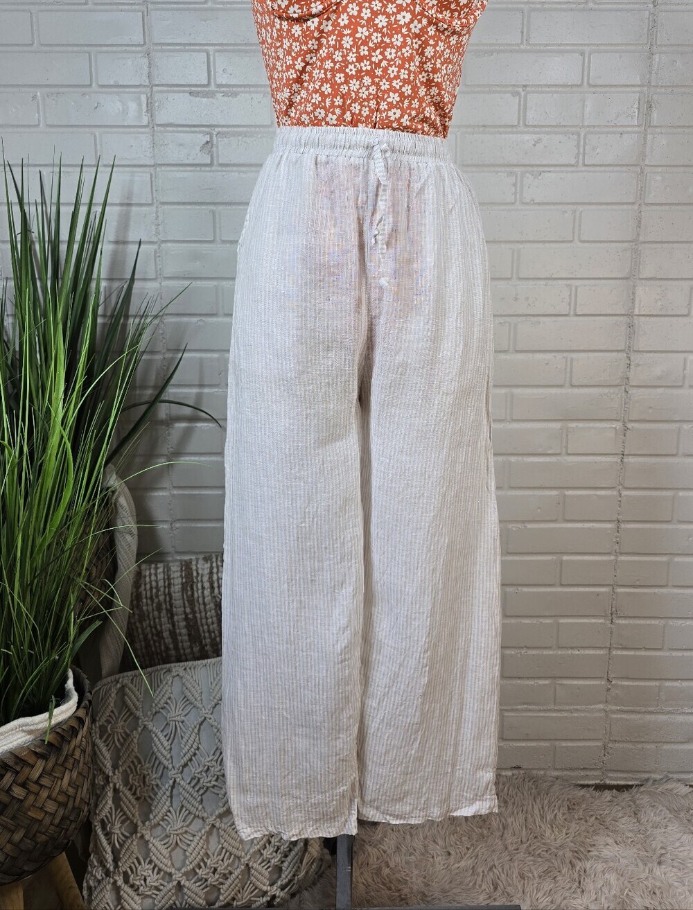 Mango Linen Blend Tan and White Stripped Cropped Linen Pant Size 2